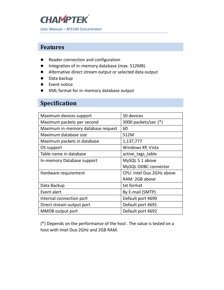 Features, Specification | SCANTECH ID (Champtek company) RFS100 User Manual | Page 3 / 14
