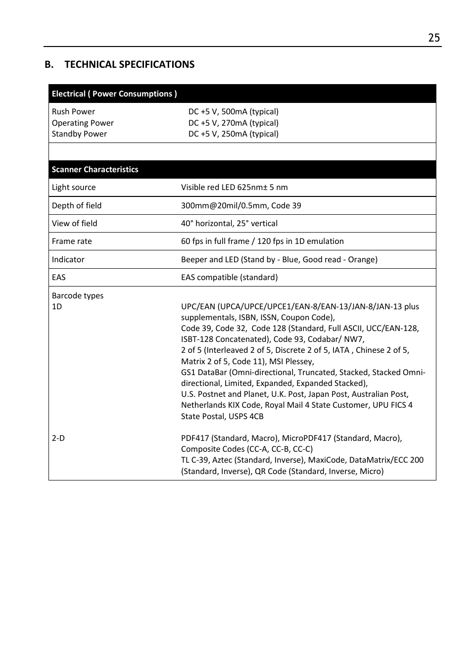 Technical specifications, 25 b. technical specifications | SCANTECH ID (Champtek company) LIBRA L-7080i User Manual | Page 31 / 36