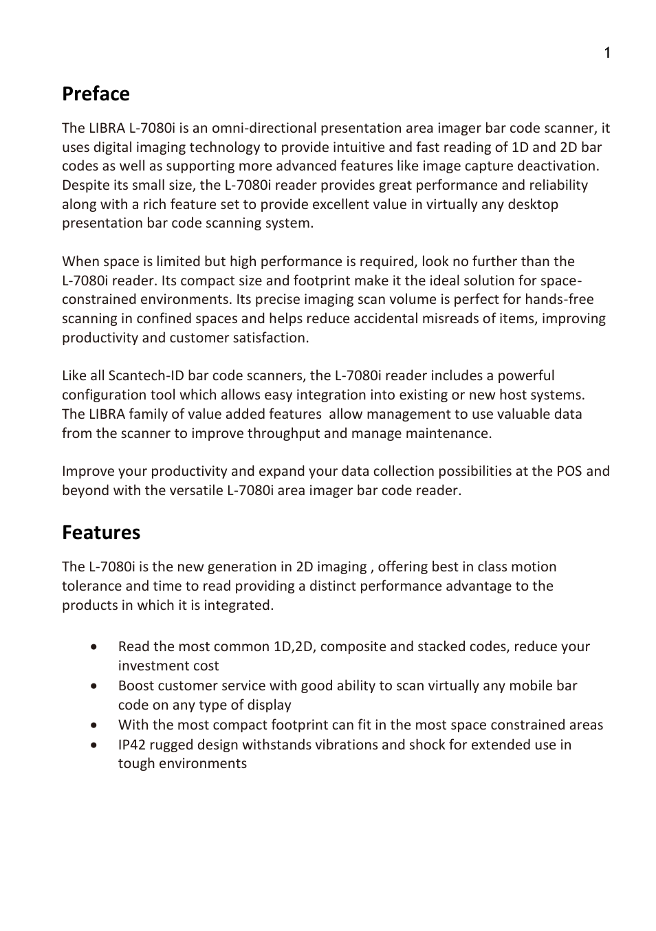 Preface, Features | SCANTECH ID (Champtek company) LIBRA L-7080i User Manual | Page 7 / 36