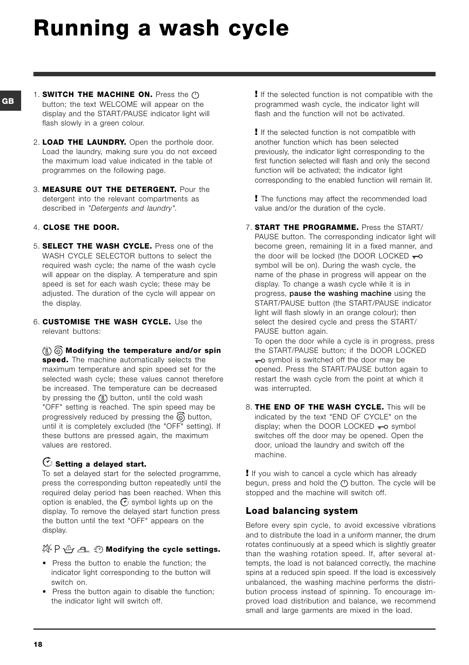 Running a wash cycle, Load balancing system | Ariston ARTXD 149 User Manual | Page 18 / 84