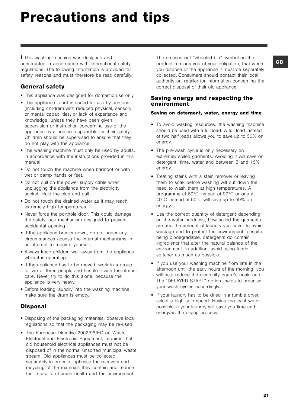 Precautions and tips, General safety, Disposal | Saving energy and respecting the environment | Ariston ARTXD 149 User Manual | Page 21 / 84