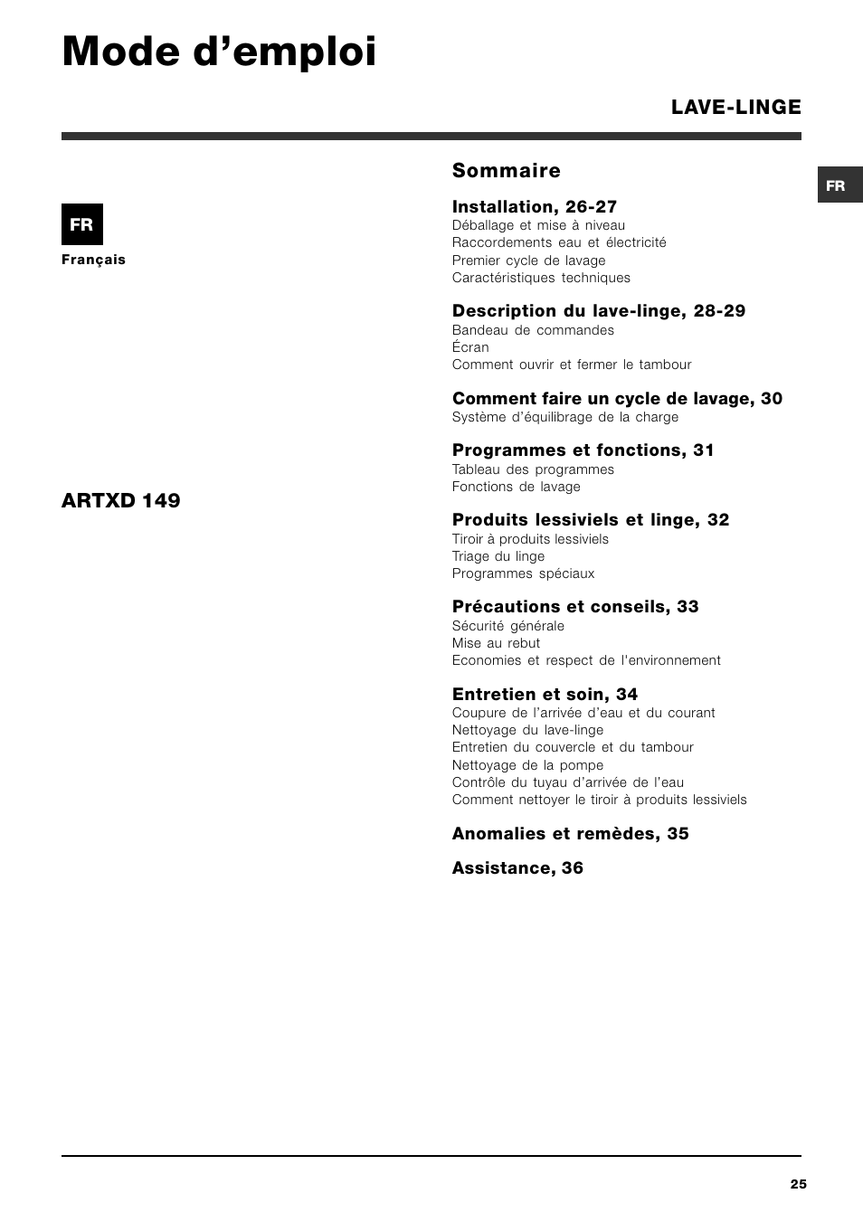Mode demploi, Sommaire, Artxd 149 | Lave-linge | Ariston ARTXD 149 User Manual | Page 25 / 84