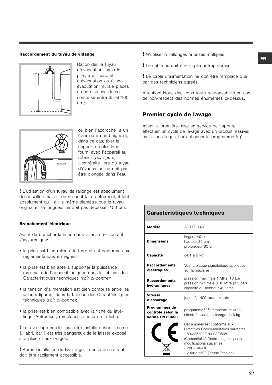 Premier cycle de lavage, Caractéristiques techniques | Ariston ARTXD 149 User Manual | Page 27 / 84