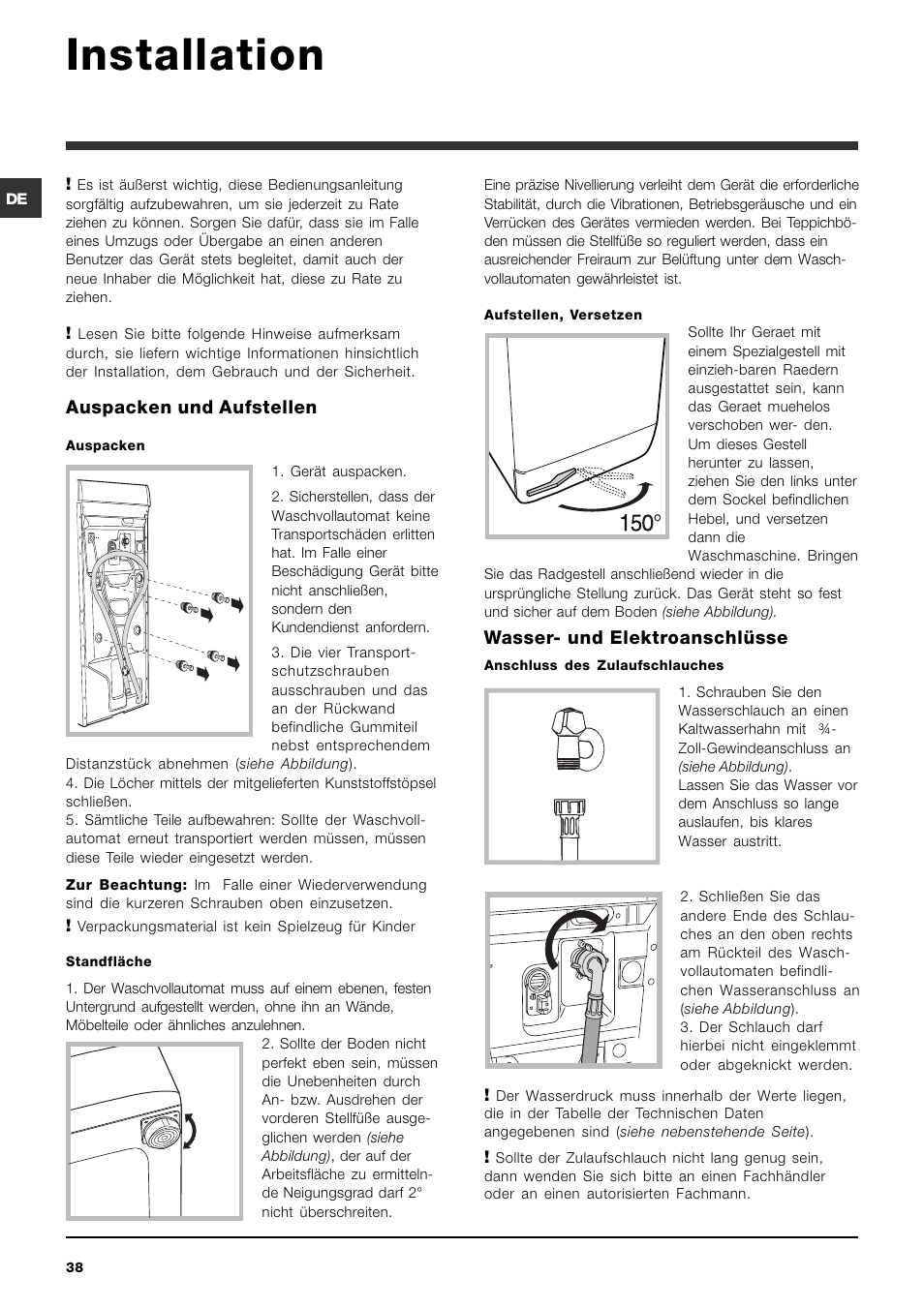 Installation, Auspacken und aufstellen, Wasser- und elektroanschlüsse | Ariston ARTXD 149 User Manual | Page 38 / 84