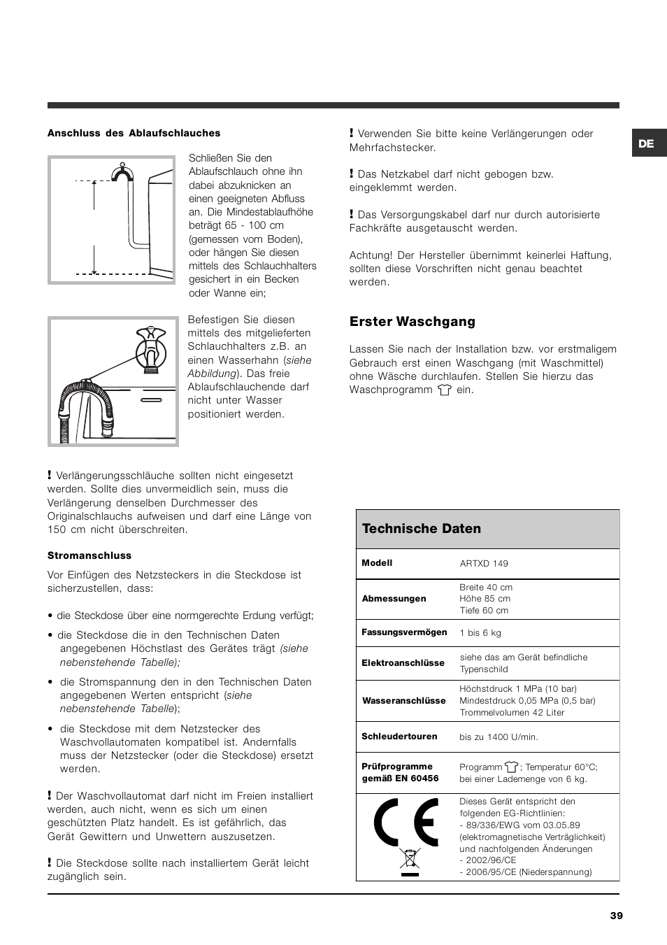 Technische daten, Erster waschgang | Ariston ARTXD 149 User Manual | Page 39 / 84