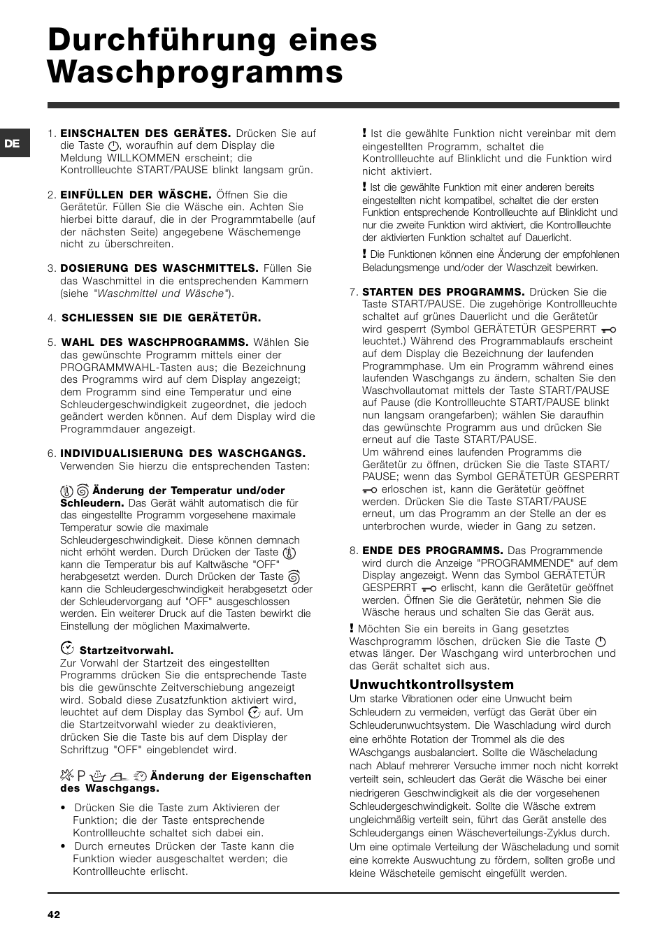 Durchführung eines waschprogramms | Ariston ARTXD 149 User Manual | Page 42 / 84