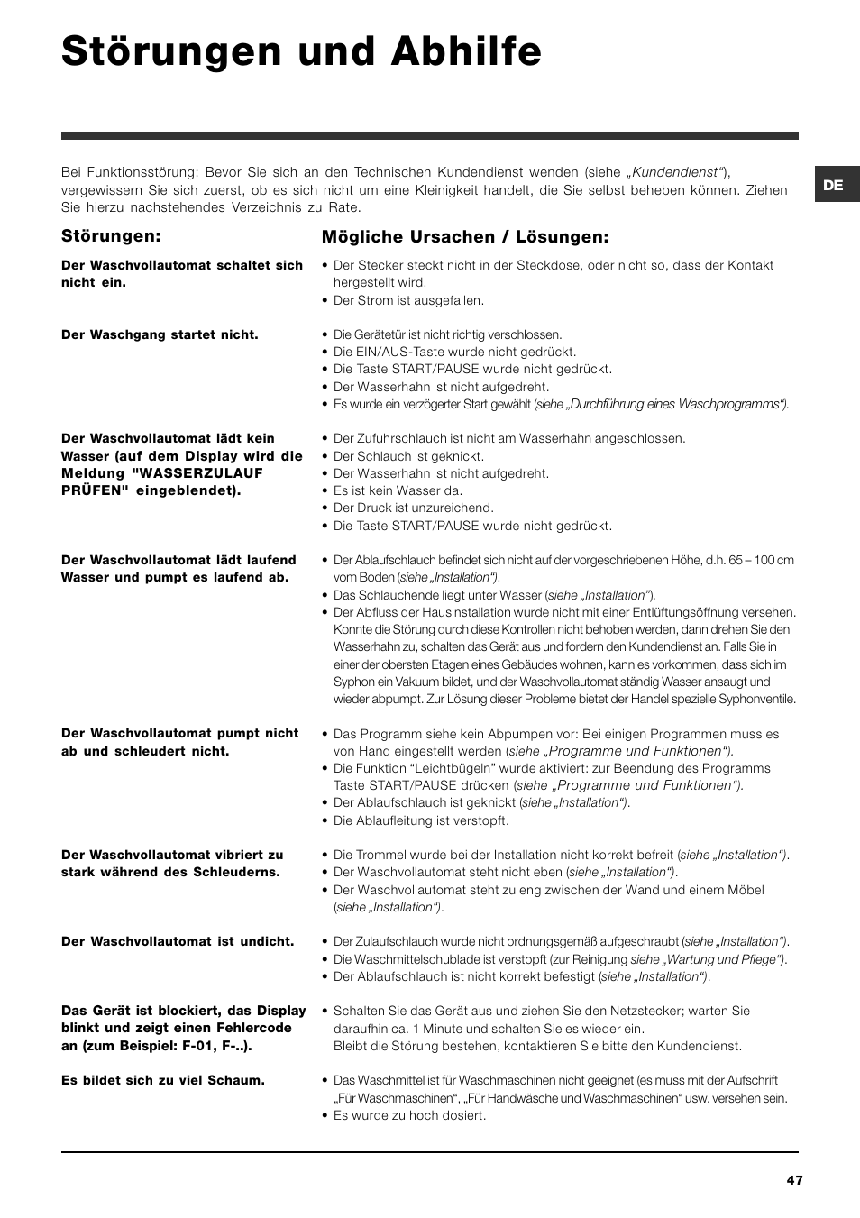 Störungen und abhilfe, Störungen, Mögliche ursachen / lösungen | Ariston ARTXD 149 User Manual | Page 47 / 84