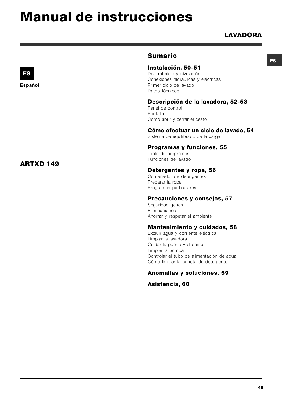 Manual de instrucciones, Sumario, Artxd 149 | Lavadora | Ariston ARTXD 149 User Manual | Page 49 / 84