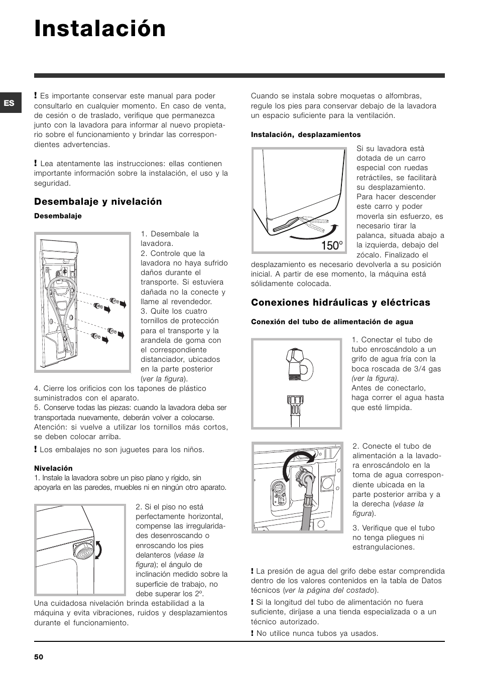 Instalación, Desembalaje y nivelación, Conexiones hidráulicas y eléctricas | Ariston ARTXD 149 User Manual | Page 50 / 84