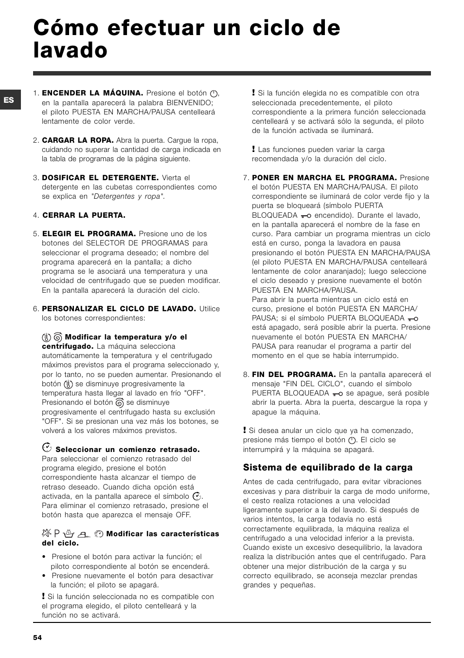 Cómo efectuar un ciclo de lavado | Ariston ARTXD 149 User Manual | Page 54 / 84