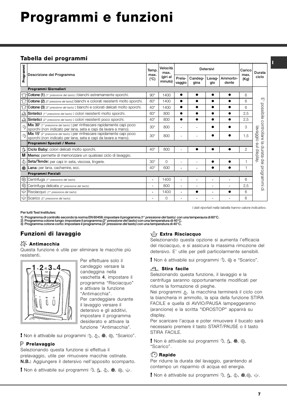 Programmi e funzioni, Funzioni di lavaggio, Tabella dei programmi | Ariston ARTXD 149 User Manual | Page 7 / 84