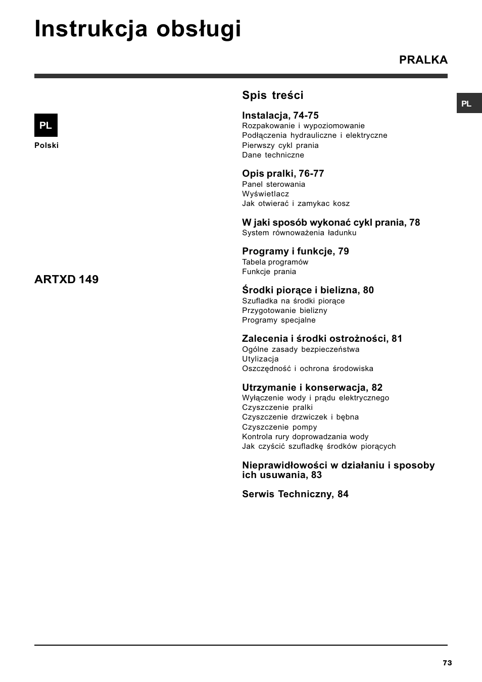 Instrukcja obs³ugi, Spis treci, Artxd 149 | Pralka | Ariston ARTXD 149 User Manual | Page 73 / 84