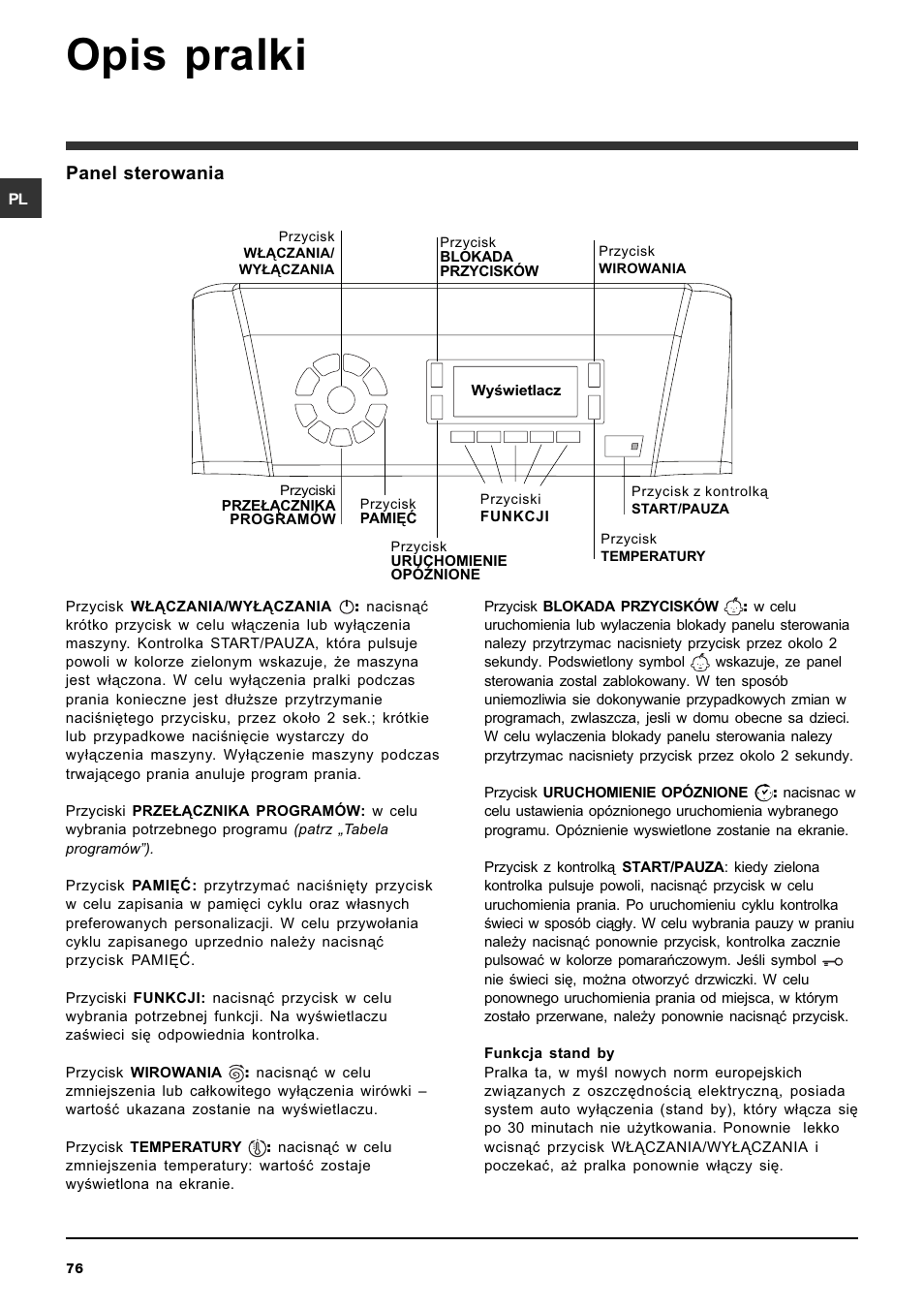 Opis pralki, Panel sterowania | Ariston ARTXD 149 User Manual | Page 76 / 84