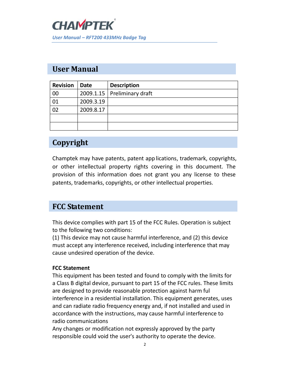 User manual, Copyright, Fcc statement | SCANTECH ID (Champtek company) RFT200 User Manual | Page 2 / 5