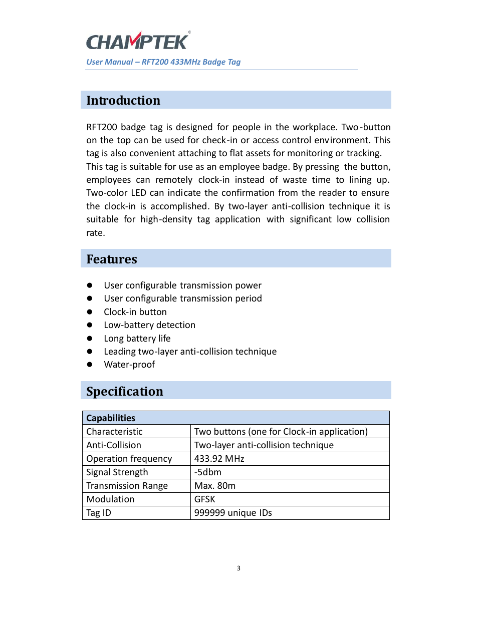 Introduction, Features, Specification | SCANTECH ID (Champtek company) RFT200 User Manual | Page 3 / 5