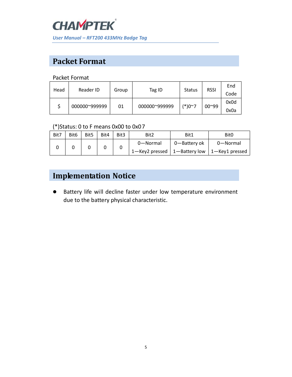 Packet format, Implementation notice | SCANTECH ID (Champtek company) RFT200 User Manual | Page 5 / 5