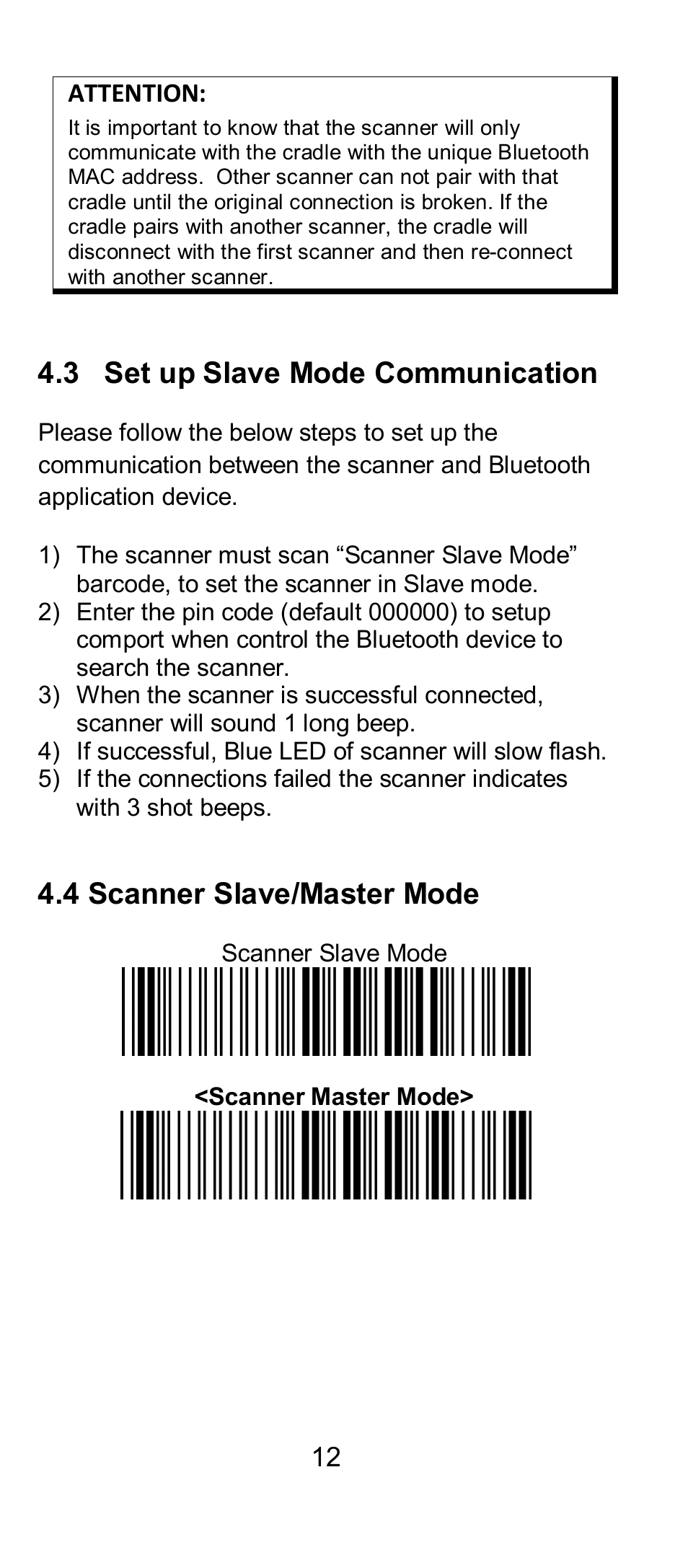 3 set up slave mode communication, 4 scanner slave/master mode | SCANTECH ID (Champtek company) IG300BT User Manual | Page 12 / 58