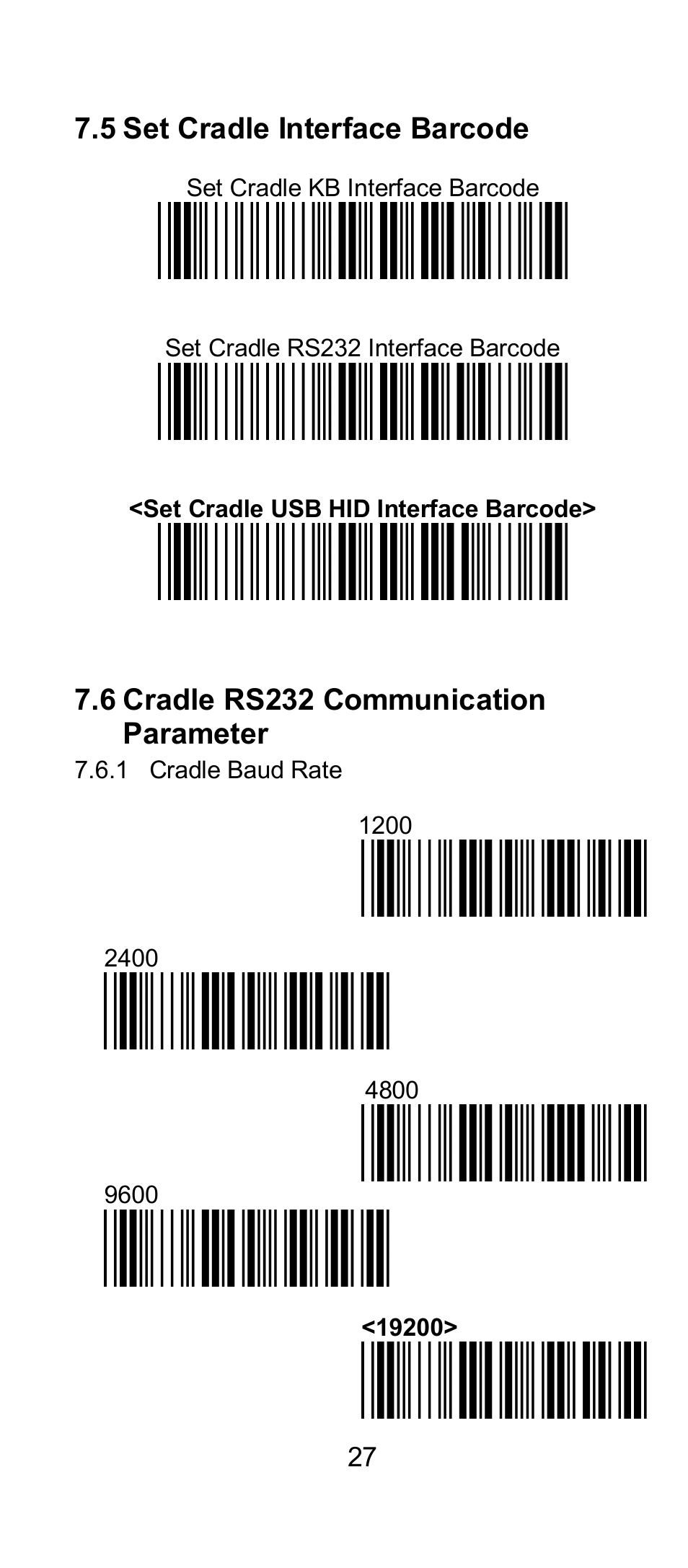 5 set cradle interface barcode, 6 cradle rs232 communication parameter | SCANTECH ID (Champtek company) IG300BT User Manual | Page 27 / 58