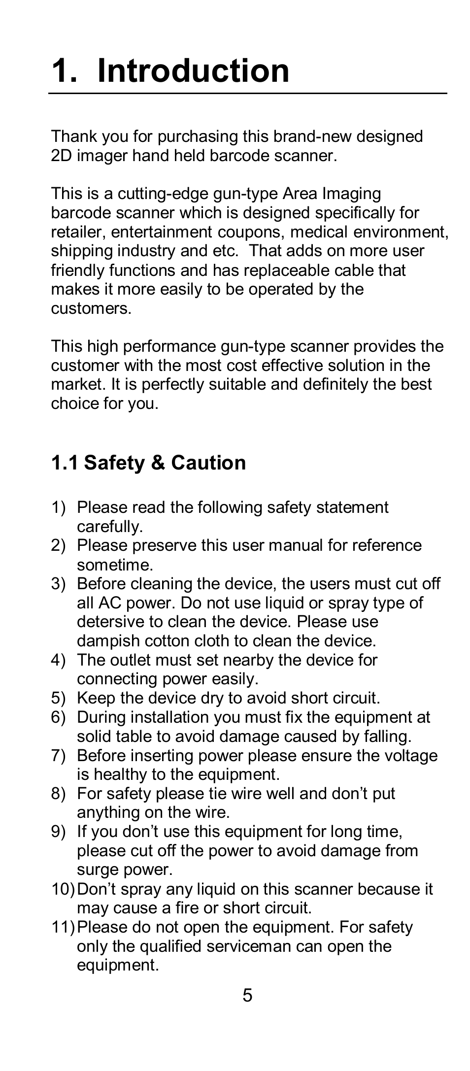 Introduction, 1 safety & caution | SCANTECH ID (Champtek company) IG300BT User Manual | Page 5 / 58