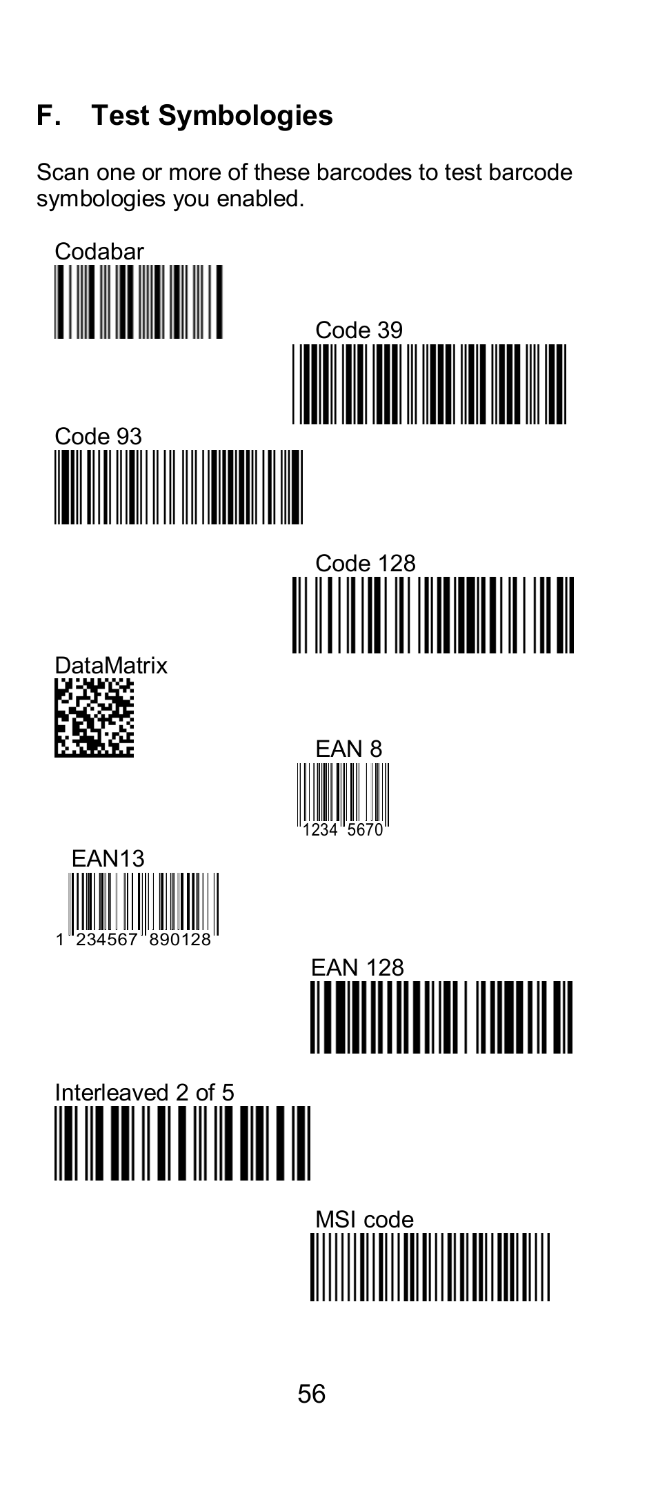 F. test symbologies | SCANTECH ID (Champtek company) IG300BT User Manual | Page 56 / 58