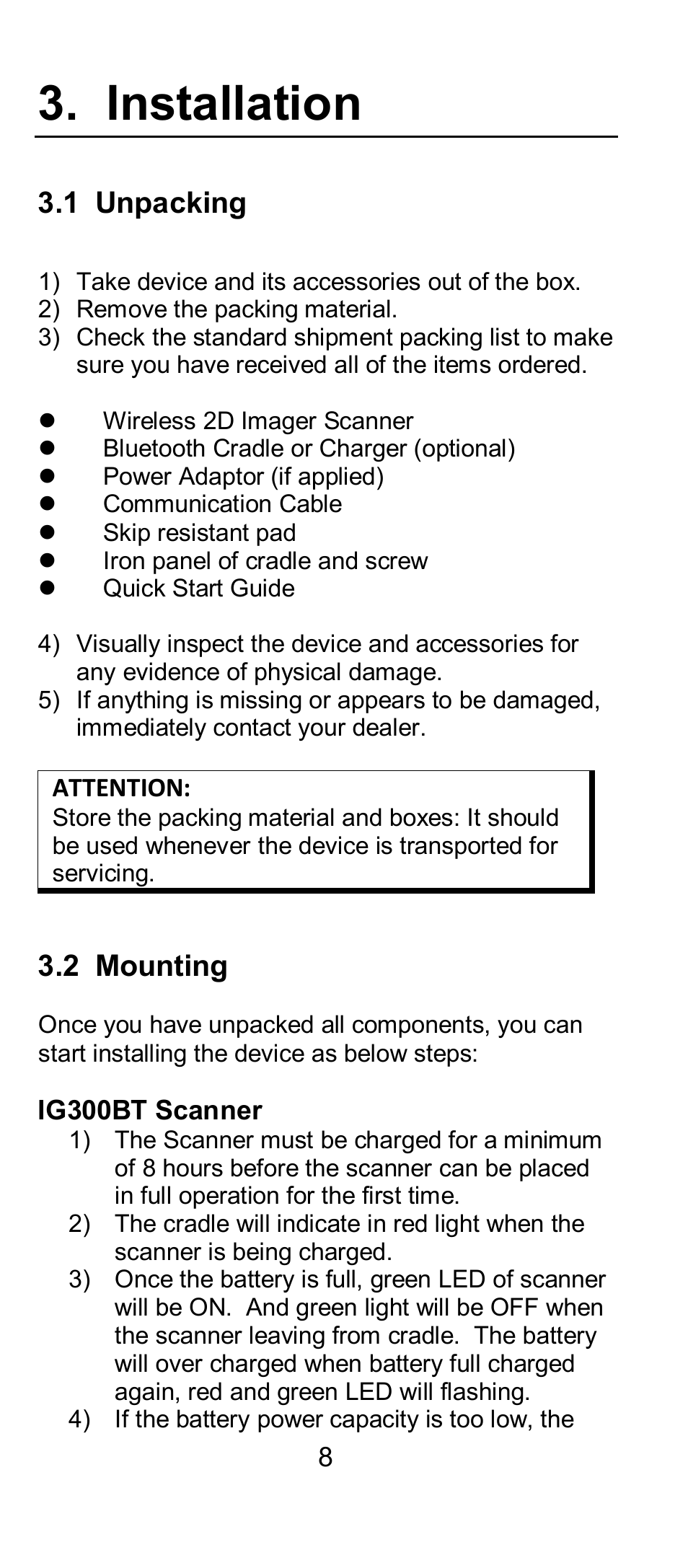 Installation, 1 unpacking, 2 mounting | SCANTECH ID (Champtek company) IG300BT User Manual | Page 8 / 58