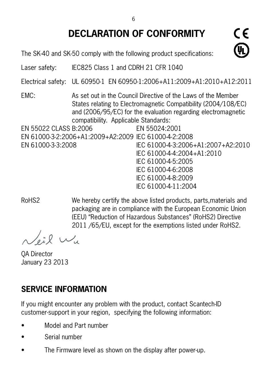 Declaration of conformity, Service information | SCANTECH ID (Champtek company) Scan Kiosk SK-40 User Manual | Page 10 / 40