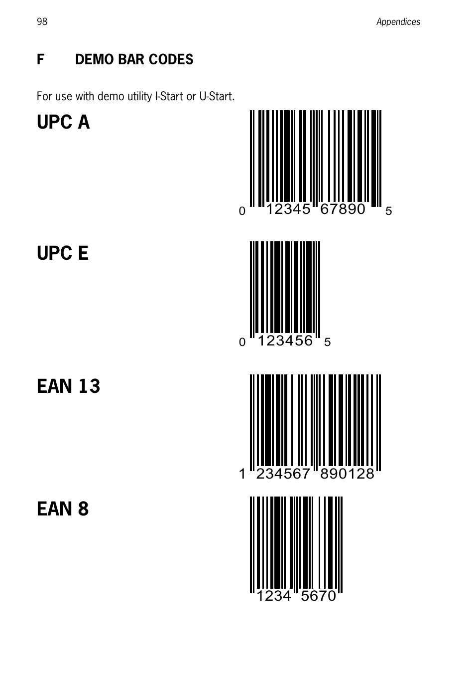 Demo bar codes, Upc a, Upc e | Ean 13, Ean 8 | SCANTECH ID (Champtek company) Discovery SG-20 User Manual | Page 106 / 132
