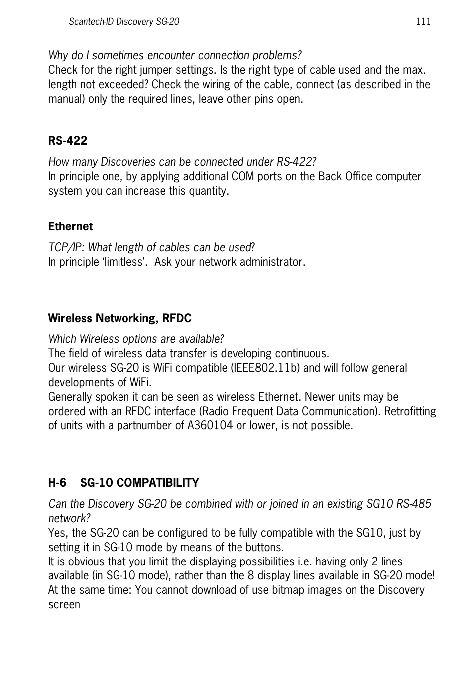 Rs-422, Ethernet, Wireless networking, rfdc | H-6 sg-10 compatibility | SCANTECH ID (Champtek company) Discovery SG-20 User Manual | Page 119 / 132