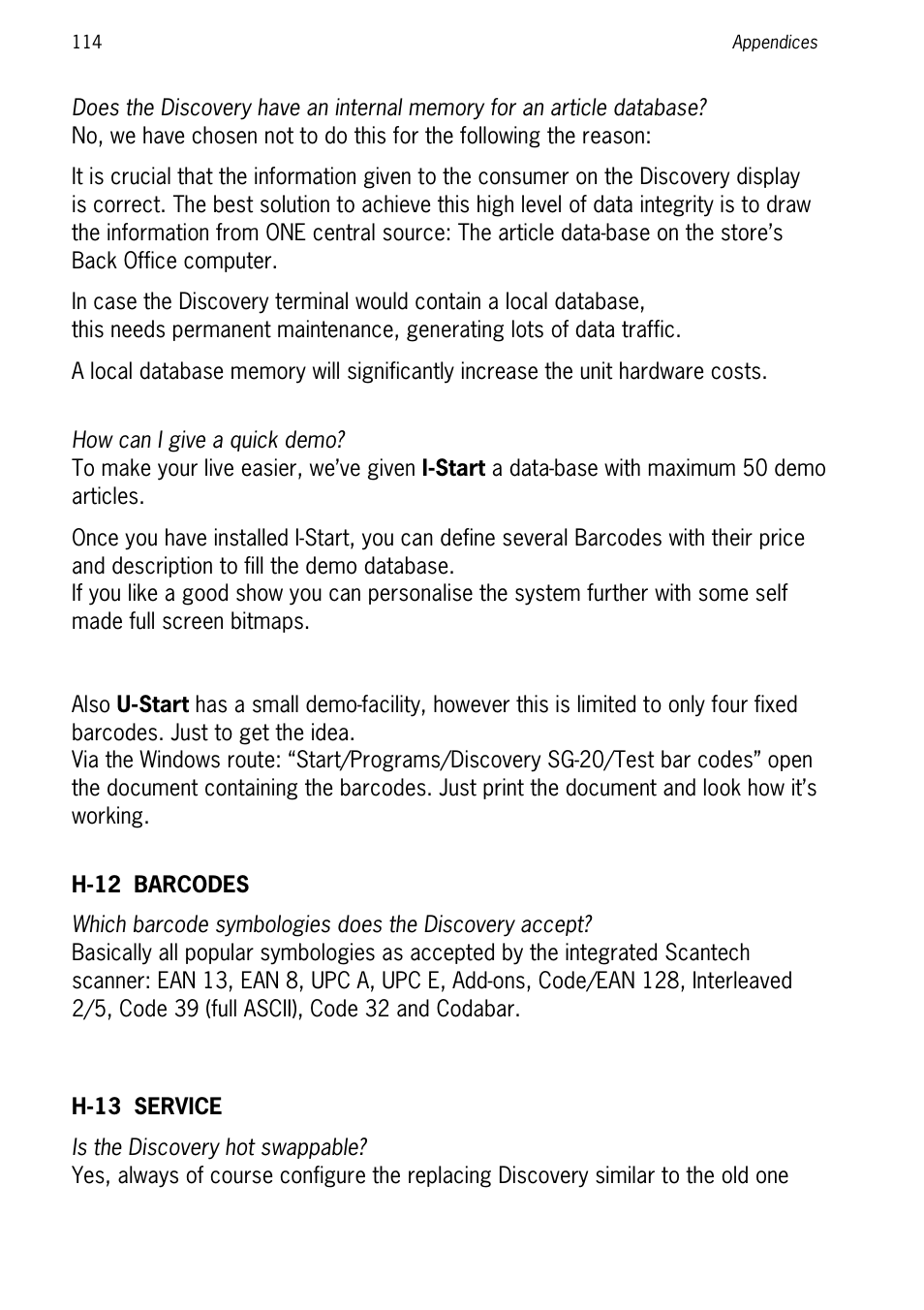 H-12 barcodes, H-13 service | SCANTECH ID (Champtek company) Discovery SG-20 User Manual | Page 122 / 132