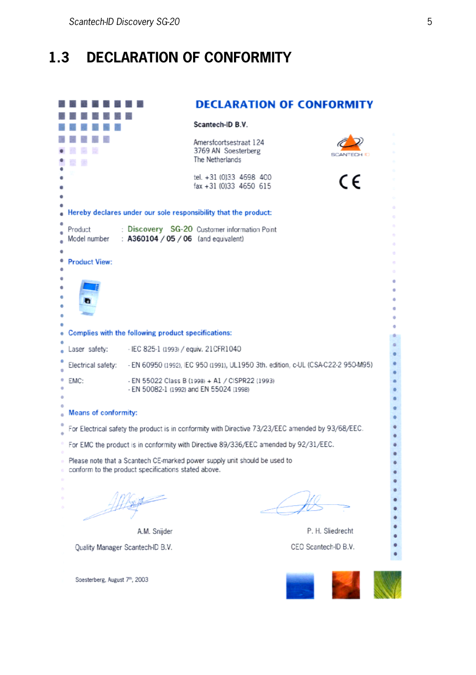 3 declaration of conformity, Declaration of conformity | SCANTECH ID (Champtek company) Discovery SG-20 User Manual | Page 13 / 132