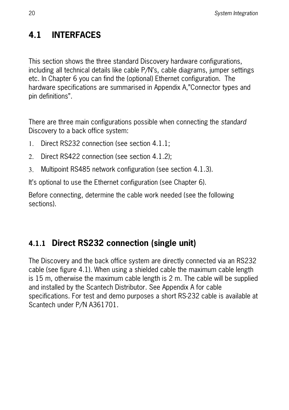 1 interfaces, 1 direct rs232 connection (single unit), Interfaces | Direct rs232 connection (single unit) | SCANTECH ID (Champtek company) Discovery SG-20 User Manual | Page 28 / 132