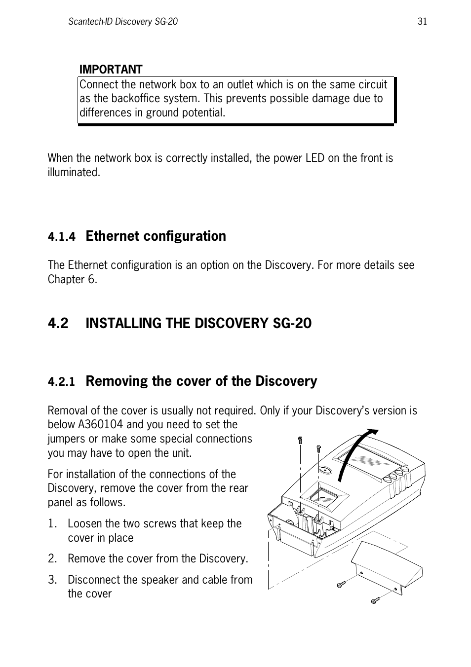 4 ethernet configuration, 2 installing the discovery sg-20, 1 removing the cover of the discovery | Installing the discovery sg-20, Ethernet configuration, Removing the cover of the discovery | SCANTECH ID (Champtek company) Discovery SG-20 User Manual | Page 39 / 132