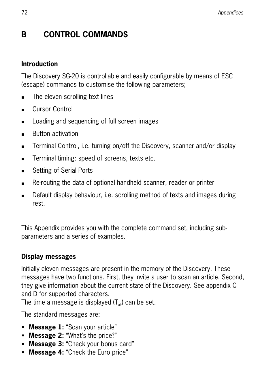 Introduction, Display messages, Control commands | Bcontrol commands | SCANTECH ID (Champtek company) Discovery SG-20 User Manual | Page 80 / 132