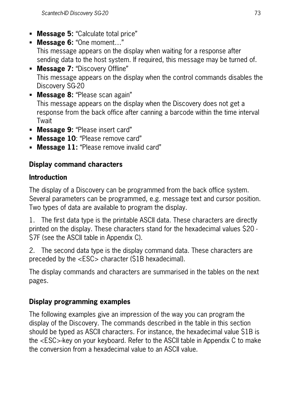 Display command characters, Introduction, Display programming examples | SCANTECH ID (Champtek company) Discovery SG-20 User Manual | Page 81 / 132