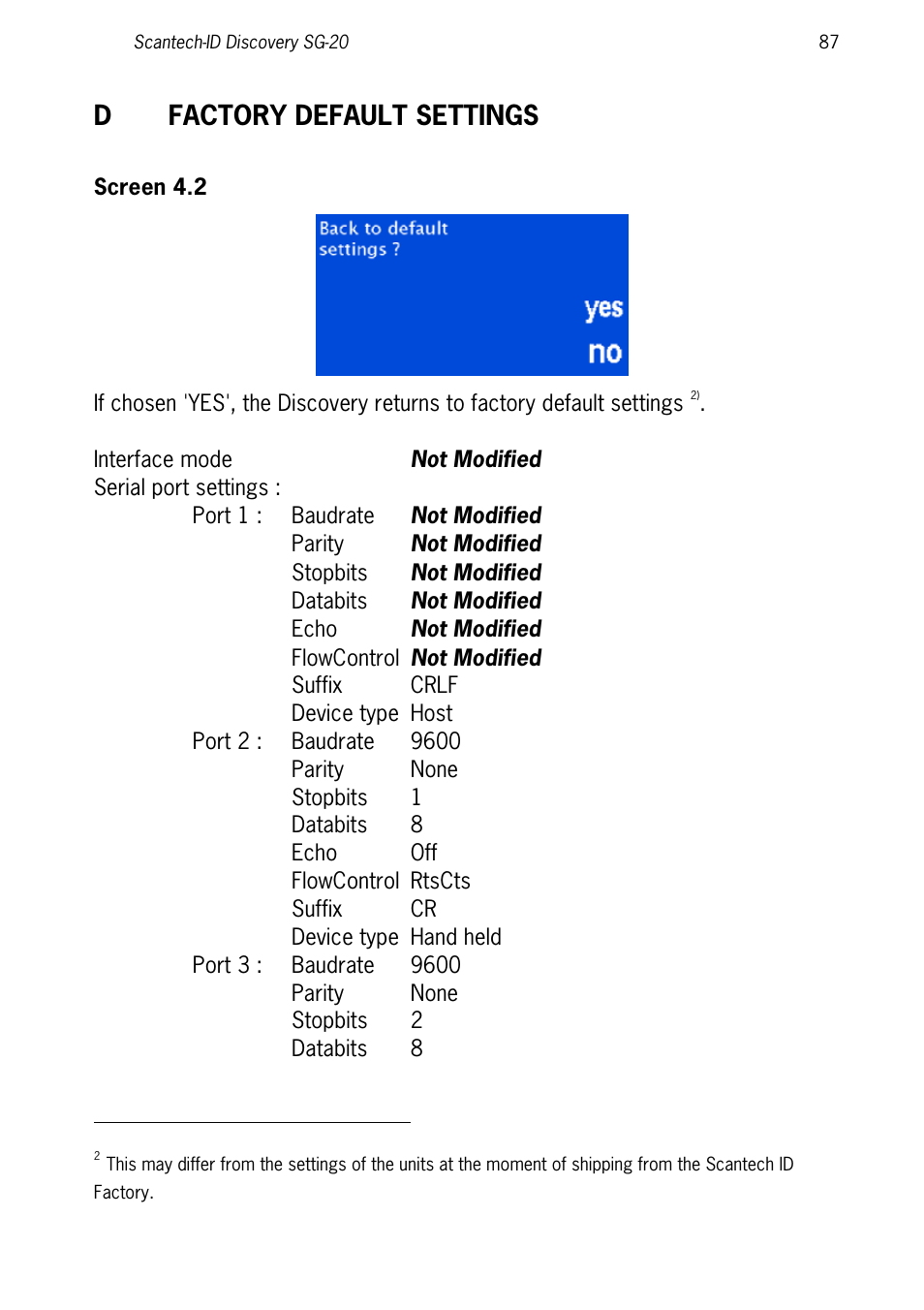 Screen 4.2, Factory default settings, Dfactory default settings | SCANTECH ID (Champtek company) Discovery SG-20 User Manual | Page 95 / 132