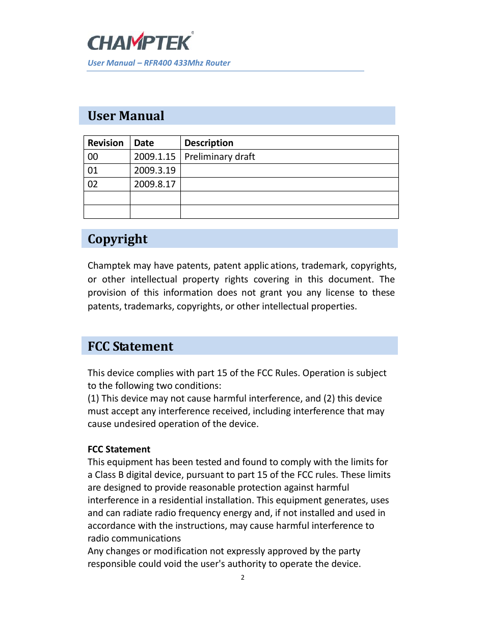 User manual, Copyright, Fcc statement | SCANTECH ID (Champtek company) RFR400 User Manual | Page 2 / 6