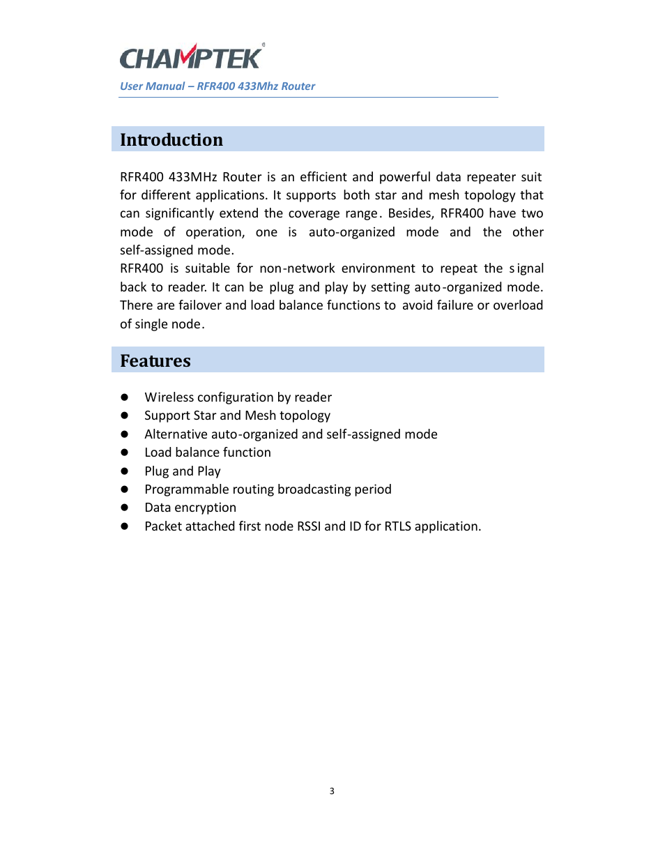 Introduction, Features | SCANTECH ID (Champtek company) RFR400 User Manual | Page 3 / 6