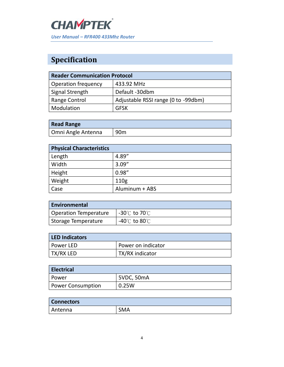 Specification | SCANTECH ID (Champtek company) RFR400 User Manual | Page 4 / 6