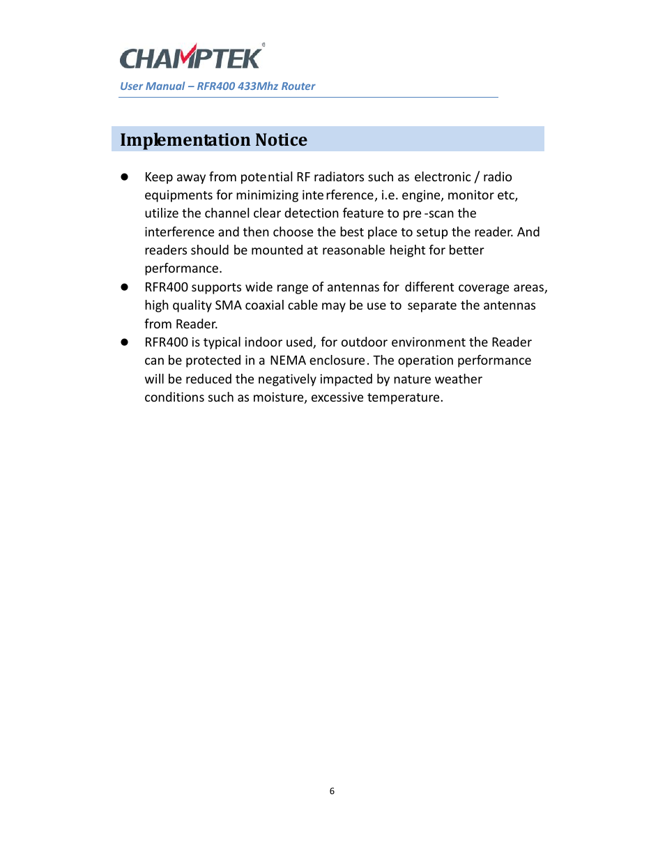 Implementation notice | SCANTECH ID (Champtek company) RFR400 User Manual | Page 6 / 6