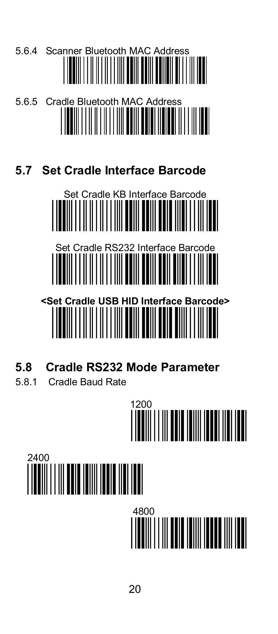 7 set cradle interface barcode, 8 cradle rs232 mode parameter | SCANTECH ID (Champtek company) IG300BT User Manual | Page 20 / 39