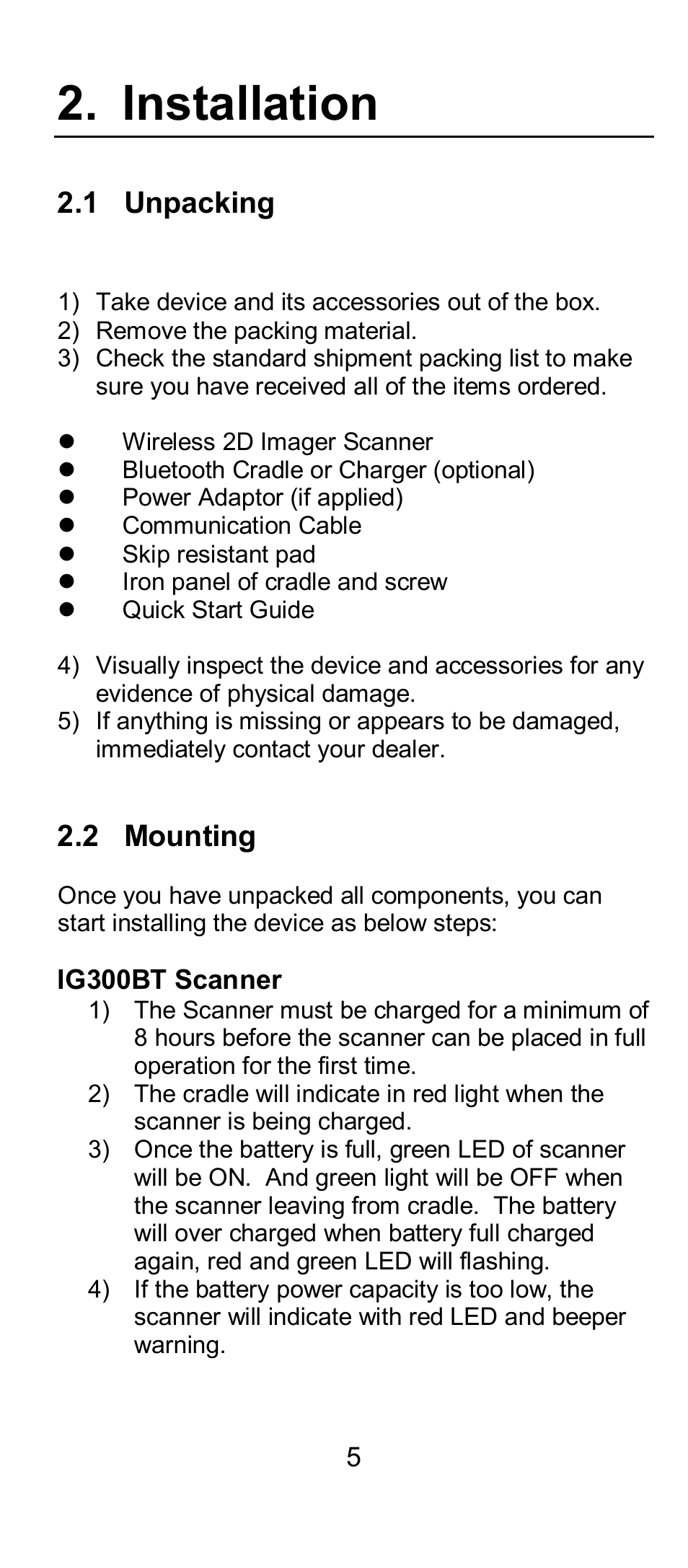 Installation, 1 unpacking, 2 mounting | SCANTECH ID (Champtek company) IG300BT User Manual | Page 5 / 39