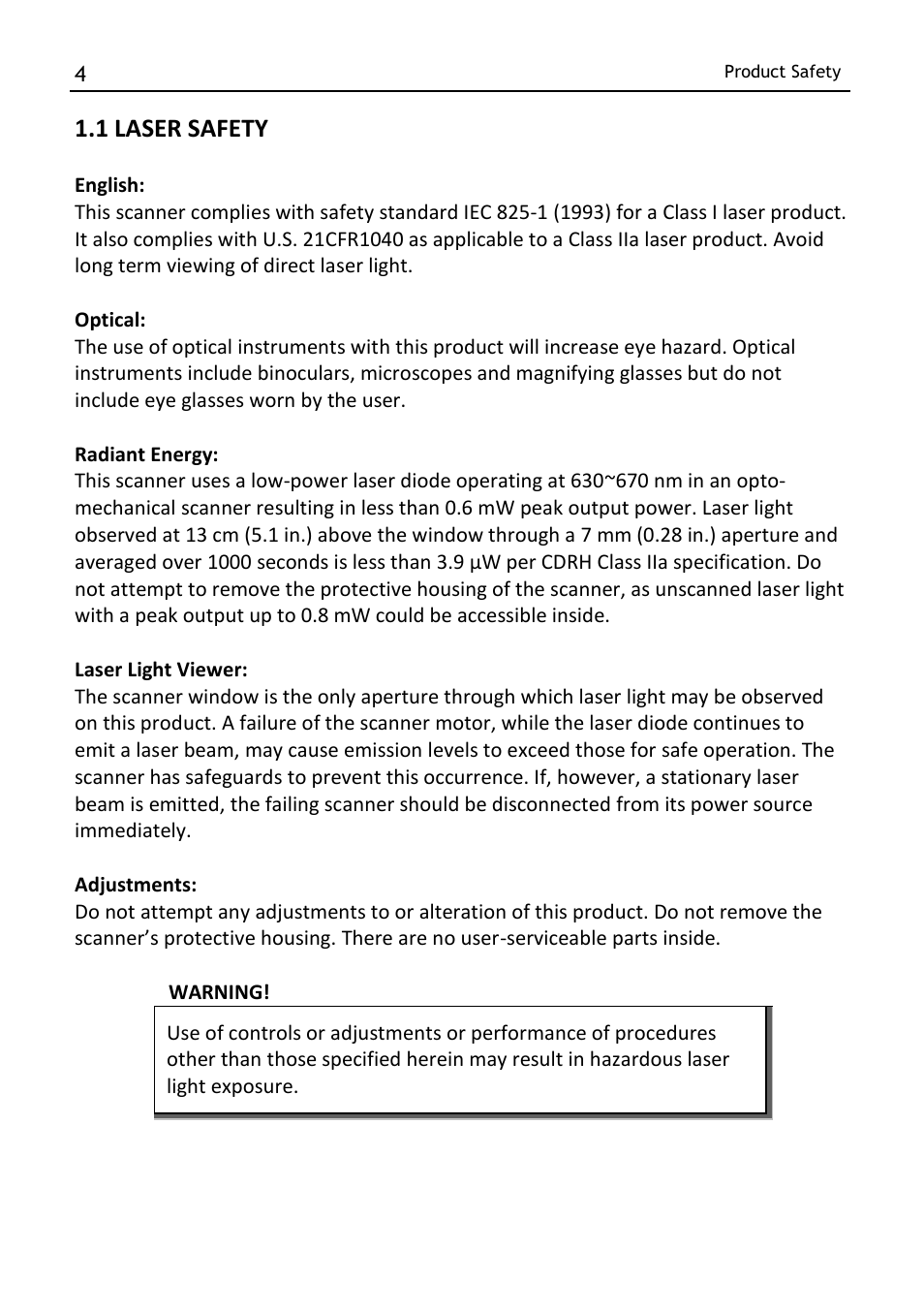 Laser safety, 1 laser safety | SCANTECH ID (Champtek company) MICA M-9030 User Manual | Page 10 / 39