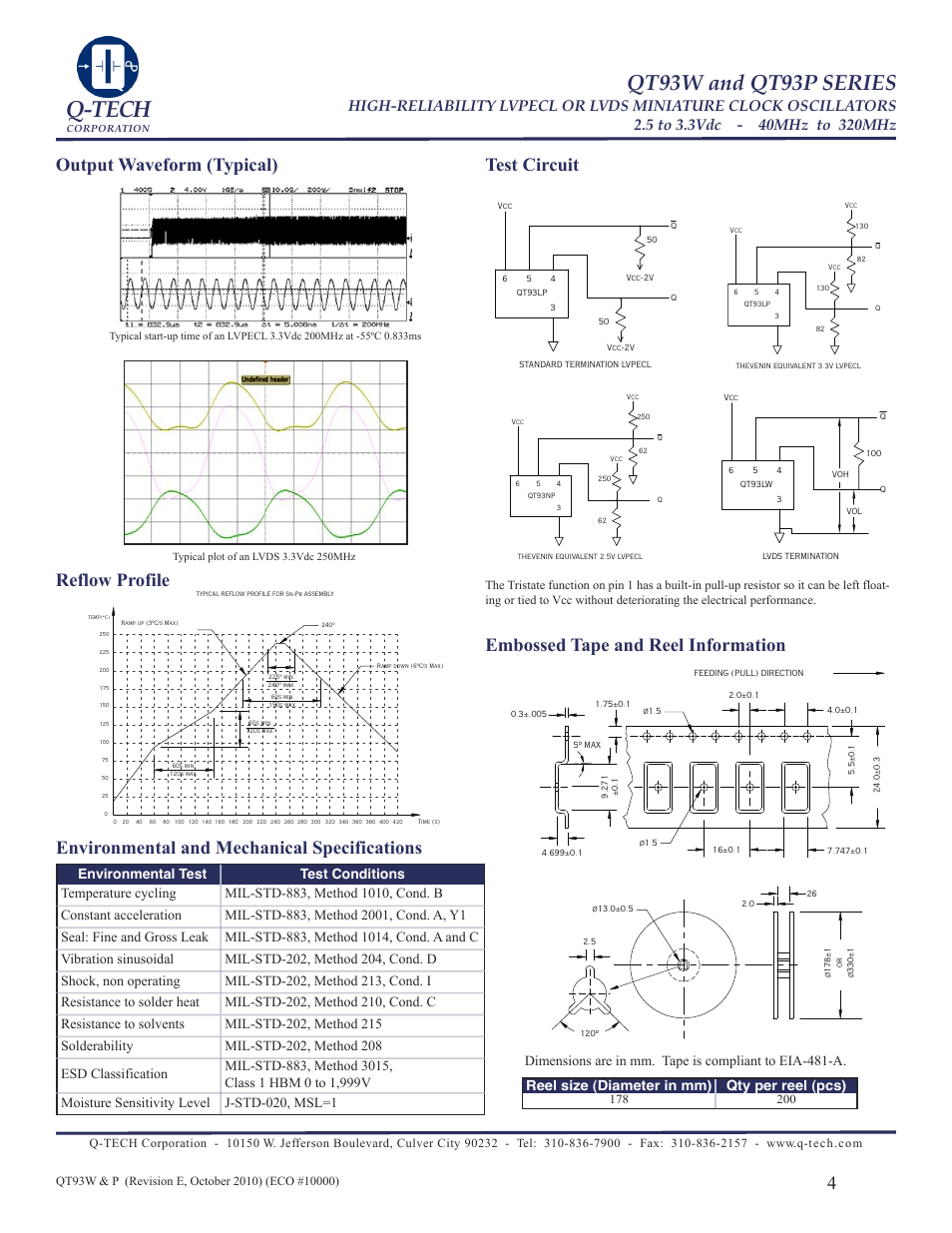 Q-tech, Qt93w and qt93p series, Output waveform (typical) test circuit | Reflow profile, Embossed tape and reel information, Environmental and mechanical specifications | Q-Tech QT93 User Manual | Page 4 / 5