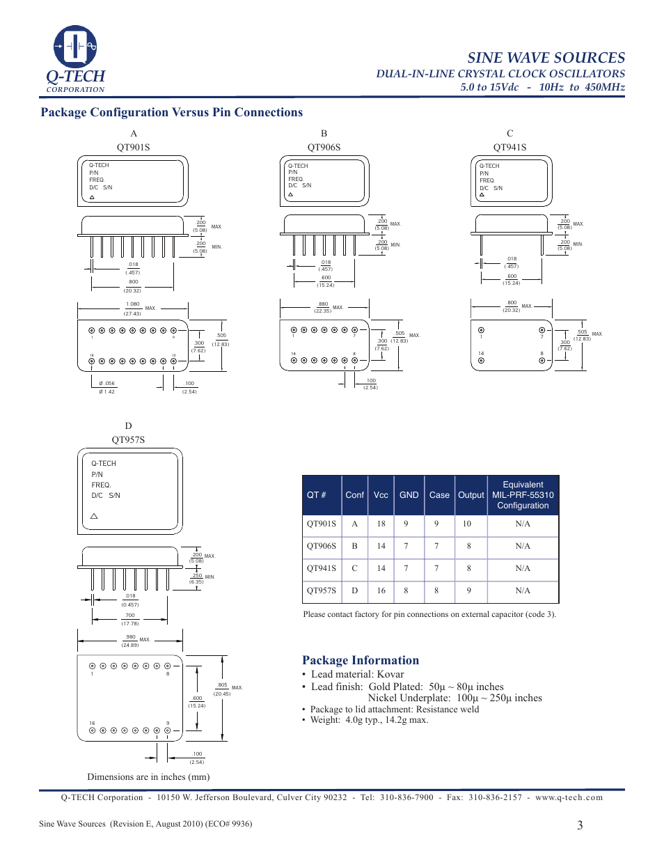 Q-tech, Sine wave sources, Package configuration versus pin connections | Package information, Aqt901s, Dqt957s, Bqt906s, Cqt941s, Dimensions are in inches (mm) | Q-Tech SINE WAVE User Manual | Page 3 / 6
