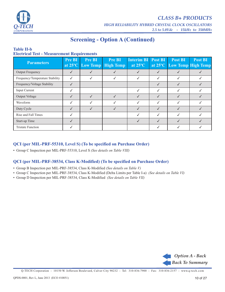 Screening - option a (continued), Q-tech, Class b+ products | Q-Tech CLASS B+ User Manual | Page 10 / 27