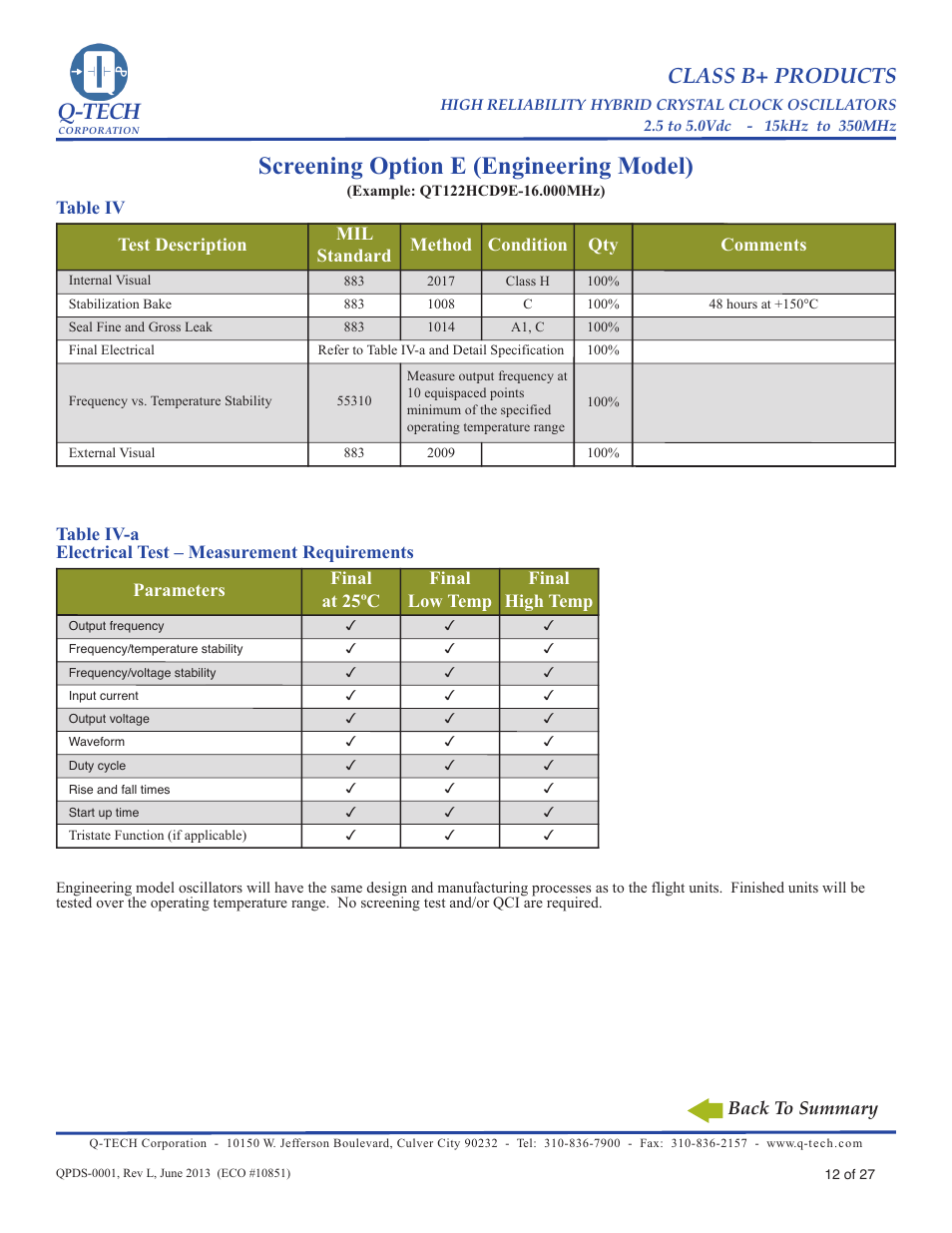 Option e (pg 12), Engineering, Model | See details in, Table iv, Screening option e (engineering model), Q-tech, Class b+ products | Q-Tech CLASS B+ User Manual | Page 12 / 27