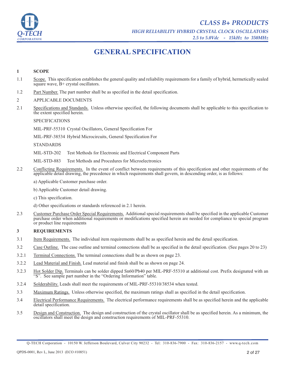 General specifications (pg 2-4), General specification, Q-tech | Class b+ products | Q-Tech CLASS B+ User Manual | Page 2 / 27