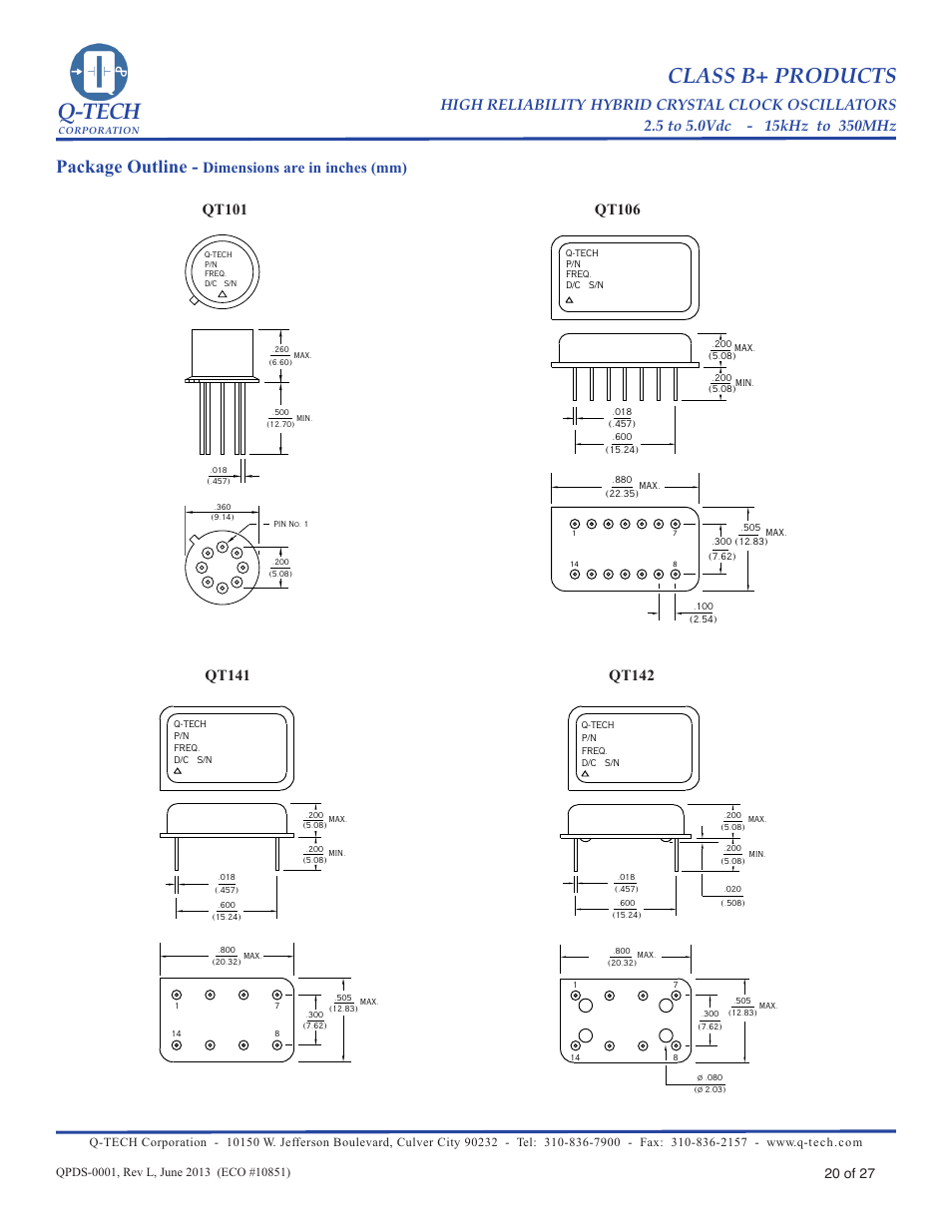 Package outline (pg 20 - 22), Q-tech, Class b+ products | Package outline, Qt141, Qt142, Dimensions are in inches (mm), 20 of 27 | Q-Tech CLASS B+ User Manual | Page 20 / 27