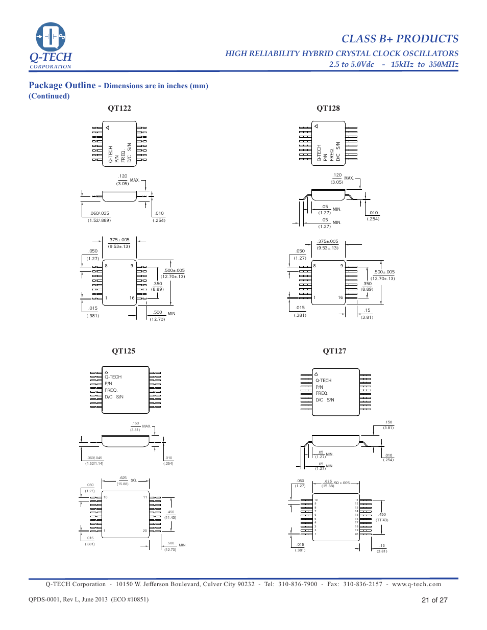 Q-tech, Class b+ products, Package outline | Qt122, Qt125, Qt127, Qt128, Dimensions are in inches (mm) (continued), 21 of 27 | Q-Tech CLASS B+ User Manual | Page 21 / 27