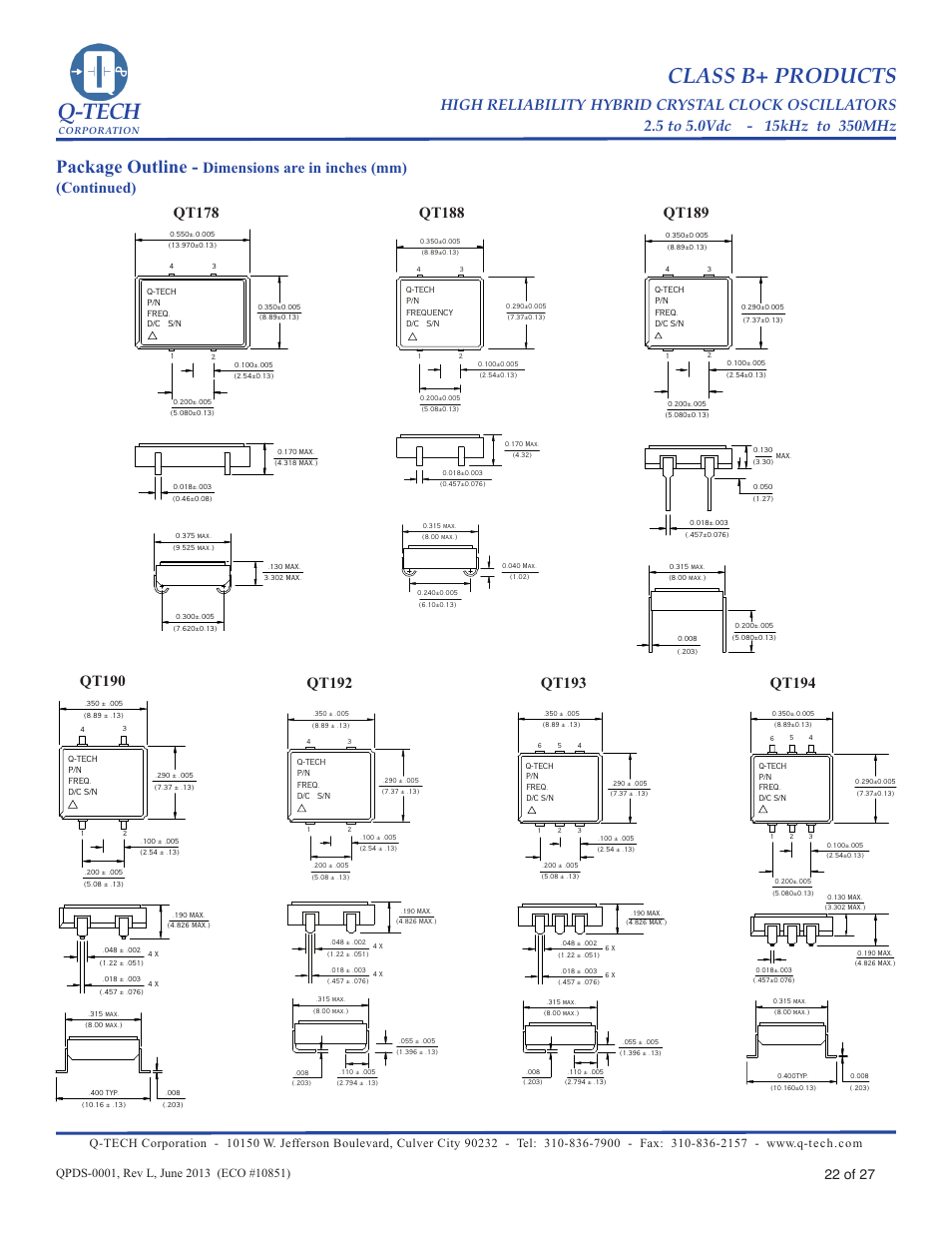 Q-tech, Class b+ products, Package outline | Qt192, Qt189, Qt193, Qt194, Dimensions are in inches (mm) (continued), 22 of 27 | Q-Tech CLASS B+ User Manual | Page 22 / 27
